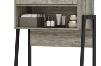 BonVache Over Toilet Storage Unit, Bathroom Storage Cabinet with double doors, adjustable shelves and metal frame, Freestanding Laundry Organizer Space Saving, Grey