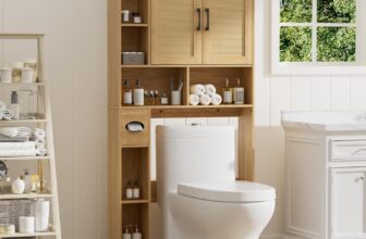 BonVache Over Toilet Storage Unit with Double door, Bathroom Storage Cabinet with 7 Storage Compartments and Tissue Compartment, Adjustable Shelf, for Bathroom and laundry room, Rattan