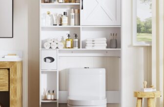 BonVache Over Toilet Storage Unit with Sliding track door, over toilet cabinet with 6 Storage Compartments and Tissue Compartment, Adjustable Shelf, for Bathroom and laundry room, White