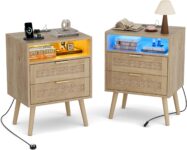 BonVache Rattan Bedside Tables Set of 2, Nightstand with Charging Station and LED Lights, Bedside table with 2 wicker drawers and Open Shelf, Solid Wood Legs, Bed side table for Bedroom, Living Room