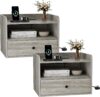BonVache Set of 2 Floating Bedside Tables, Wall Mounted Bedside Table with Charging Station, Floating nightstand with Open Shelf and Drawer, Modern Side Table for Bedroom, Grey