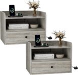 BonVache Set of 2 Floating Bedside Tables, Wall Mounted Bedside Table with Charging Station, Floating nightstand with Open Shelf and Drawer, Modern Side Table for Bedroom, Grey