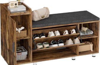 BonVache Shoe Storage Bench with Cushion, Brown Shoe Bench 105cm Lounge with 2 Shelves and 4 Compartments, Hallway Storage Unit with Seat, Living Room