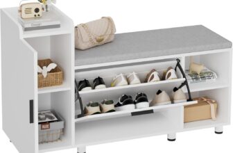 BonVache Shoe Storage Bench with Cushion, White Shoe Bench 105cm Lounge with 2 Shelves and 4 Compartments, Hallway Storage Unit with Seat, Living Room