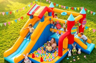 Bouncy Castle for Children, FOOING 9 in 1 Inflatable Bounce House with Air Blower, Kid Trampoline, Slide, Basketball Rack, Climbing Wall, Outdoor Indoor Inflatable House for Birthday Party