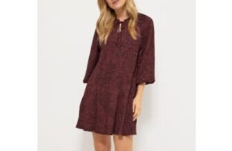 Burgundy Floral Tie Neck Balloon Sleeve Mini Dress