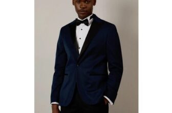 Burton Navy Tailored Fit Peak Collar Tuxedo Jacket