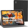 Byybuo 10.1 inch Android 15 Tablet With Case, 8GB RAM 64GB ROM 1TB TF Expand, 5MP8MP Camera, WiFi 6, BT5.4, 1280 800 IPS, 5000mAh, Dual Speakers, SmartPad android tablets, Gray