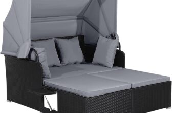 COSTWAY Garden Rattan Daybed, Patio 2 Seater Wicker Sun Bed Lounger with Retractable Canopy, Folding Side Tables and Cushions, Outdoor Double Conversation Furniture for Yard Lawn Poolside (Grey)