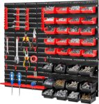 CROWNSHOP 32 PCS Wall Mounted Storage Bins Kit 64 41cm Garage Boxes Plastic Rack Parts Organiser Utility Kit With Stackable Boxes for Garage Workshop (RedBlack 70PCS)