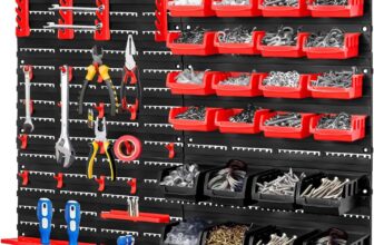 CROWNSHOP 32 PCS Wall Mounted Storage Bins Kit 64 41cm Garage Boxes Plastic Rack Parts Organiser Utility Kit With Stackable Boxes for Garage Workshop (RedBlack 70PCS)
