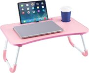 CROWNSHOP Laptop Table, 60 X 40 X 28cm Bed Table, Bed Desk Stand With Foldable Legs & Cup Slot Notebook Stand Computer Laptop Bed Table Laptops Tray For Sofa Bed, Pink (Pink)