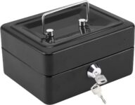 CROWNSHOP Lockable Cash Box 6 Metal Money Box with 2 keys Lockable Portable Petty Cash Deposit Tin with Removable Change Tray for Kids Shop Office Home (Black)