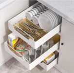 CROWNSHOP Pull Out Cabinet Organiser 2PCS Kitchen Cupboard Organiser Adjustable Pull Out Kitchen Storage No Drilling and Nailing Required White 42 25 6.8CM (2 PCS)