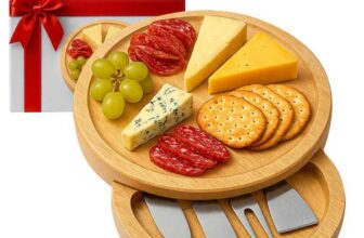 CUQOO Bamboo Cheese Board Set with 3 Knives & Fork – with Prime