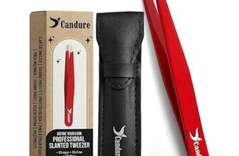 Candure Slanted Tweezers Precision Stainless Steel, Red Leather Pouch