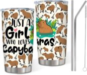 Capybara Water Bottle, Cute Water Bottle with Straw & Lid, 20oz Leakproof Stainless Steel Insulated Coffee Cup Portable Heat Resistant Thermal Tumbler for Office Travel School, Capybara Lovers Gift