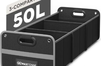 Car Boot Organiser, Heavy-Duty 600D Oxford Collapsible Storage Box with 3- Compartments & Securing Straps, Foldable Tidy for SUV/Hatchback/Estate Car (50L)