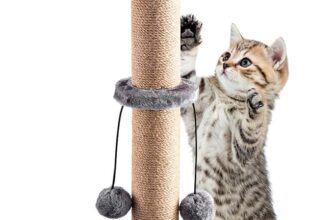 Cat Scratching Post Vertical Scratch Claw Scratcher Modern Design Natural Sisal Scratch Pole with Toy Ball for Cats (Grey with 4 balls, 74CM)