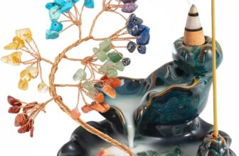 Ceramic Lake Waterfall Incense Burner Crystal Tree Backflow Incense Burner 7 Chakra Crystal Tree Scented Sticks Holders Ceramic Mountain Lake Base with Koi Fish Home Decor Gifts