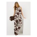 Chocolate Brown Leaf Linen Wide Leg Co Ord Trousers