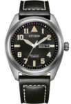 Citizen Eco-Drive Titanium Watch, Sapphire Crystal, Leather Strap, Black Dial, Model: BM8560-29EC