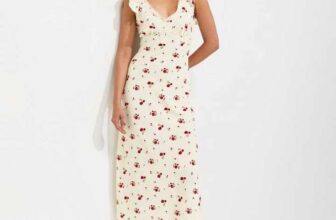 Cream Rose Print Lace Trim Tea Midi Dress