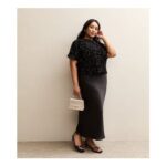 Curves Black Satin Midi Skirt