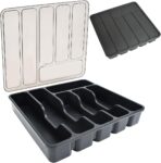 Cutlery Tray with Lid, Cutlery Drawer Organiser Insert Cutlerys Storage Box Organizer Utensil Flatware Silverware Holder Divider for Kitchen Drawer and Countertop Spoons Forks, 6 Compartment