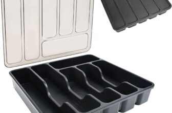 Cutlery Tray with Lid, Cutlery Drawer Organiser Insert Cutlerys Storage Box Organizer Utensil Flatware Silverware Holder Divider for Kitchen Drawer and Countertop Spoons Forks, 6 Compartment