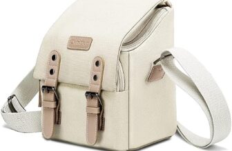 Cwatcun Compact Camera Bag Case Canvas Leather Trim Compatible for Nikon, Canon, Sony Mirrorless Camera and Lenses Water Resistant, Camera Shoulder Messenger Bag Beige