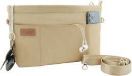 D.DUO Bag Organizer Insert, Crossbody Bag, Tote Organizer Insert with Adjustable Bag Strap, Waterproof Nylon Purse Inserts (Beige, L)