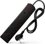 DESIRETECH Black Electric Extension Lead – 4 Gang, 1 Metre Cable with UK Plug & 3 Pin Socket – Wall Mountable & Multi Socket Mains Strip for Home, Bedroom, Kitchen, & Office (1 Pack)