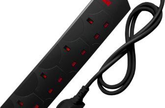 DESIRETECH Black Electric Extension Lead – 4 Gang, 1 Metre Cable with UK Plug & 3 Pin Socket – Wall Mountable & Multi Socket Mains Strip for Home, Bedroom, Kitchen, & Office (1 Pack)
