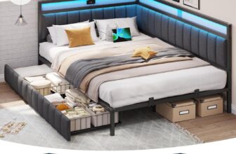 DICTAC Double Bed Frame with 2 Storage Drawers,Charging Station and Led Lights 4ft6 Double Daybed with Storage 135×190 Corner Platform Bed with Upholstered Guardrail,Space-Saving Double Sofa Bed,Grey
