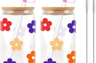 DYUEE 2 Sets 480ml Can Shaped Glass Cups Set, Drinking Glasses with Wood Lids and Straws, Iced Coffee Cup with Straw Cap&Straw Brush, Cup Set Gift for Sister Friend Birthday Anniversary Valentine