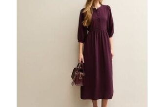 Dark Burgundy Buttoned Cropped Sleeve Midi Dress