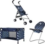 Dolly Tots Junior Nursery Playset Navy & White 3 Piece Nursery Playset Doll Highchair, Stroller & Cot Prams, Pushchairs and Dolls Accessories For Kids Boys & Girls 3