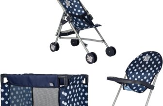 Dolly Tots Junior Nursery Playset Navy & White 3 Piece Nursery Playset Doll Highchair, Stroller & Cot Prams, Pushchairs and Dolls Accessories For Kids Boys & Girls 3