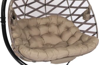 Double Hanging egg Chair with Stand – 2 Person W/Plush Cushions, Weather-Resistant Fabric, Indoor Outdoor Foldable Swing Chair for Patio, Balcony, Yard & Living Room (Cross Weave Sand)