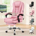 ELFORDSON 2-Point Massage Office Chair for Home, PC Gaming Chair with Footrest and Lumbar Support, High Back 150 Reclining Executive Desk Chair with Padded Armrest, PU Leather, Pink