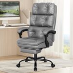 ELFORDSON Executive Office Chair with Dual Paddings for Home Office, Ergonomic PC Gaming Chair with Footrest Armrests, Comfy High Back 150 Reclining Computer Chairs, 180KG Loads, PU Leather, Grey