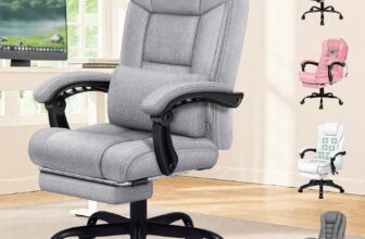 ELFORDSON Office Chair with XL Lumbar Cushion, Computer Desk Chair with Footrest, High Back 150 Recliner Tilting Function Fabric Linen, Grey