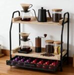 EVERGOODS Coffee Station Organizer with Coffee Pod Drawer, 2-Tier Kitchen Countertop Shelf, Wooden Coffee Bar & Tea Station with Capsule Holder for Nespresso & Dolce Gusto Pods