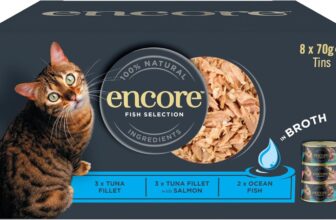 Encore 100% Natural Wet Adult Cat Food, Fish Selection in Broth, 8x70g Tins