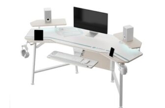 Eureka Ergonomic Gaming Desk with LED, Winged, Keyboard Tray, Shelves