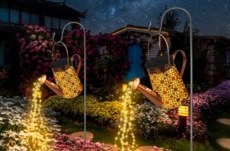 FLSEPAMB Watering Can Solar Lights Garden (2 Pack), IP65 Watering Can with Cascading Lights, Warm Watering Garden Light Decor with Bracket for Pathway, Yard, Patio, Backyard, Bronze