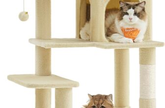 Feandrea Cat Tree Tower, 143 cm Multi-Level Plush Cat Condo with 4 Scratching Posts, 2 Perches, Cave, Hammock, Pompoms, Beige PCT161M01