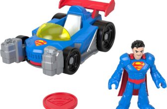 Fisher-Price Imaginext DC Super Friends Metal Force Supermobile Toy Car, 3-inch Superman Action Figure & Accessories Set, Includes Launcher & 2 Discs, JFJ69