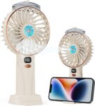 Fitabok Portable Handheld Fan – Mini Personal Hand Held Fans with Spray Water Mist, 5 Speeds, 4000mAh Small Rechargeable USB Desk Fan with LED Display for Travel Outdoor Makeup, Summer Gift, Beige